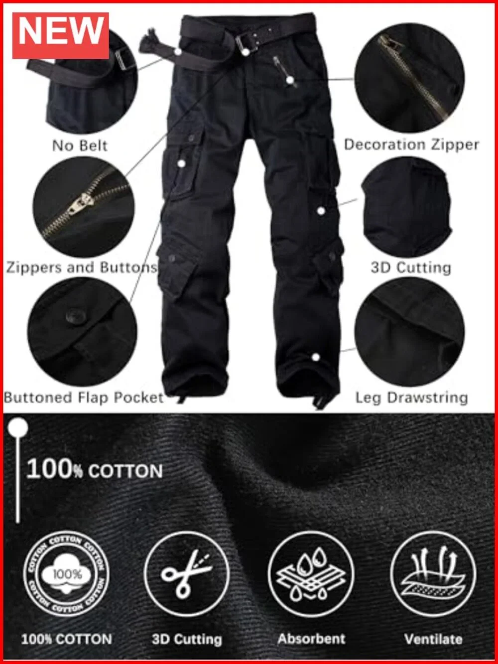 Men's Cotton Tactical Cargo Pants with 8 Pockets Relaxed Fit Straight Leg